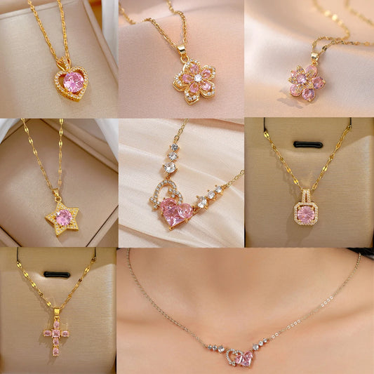 ZAKOL 2024 New Romantic Pink Zircon Pendant Necklace Geometric Heart Shaped Flowers Titanium Steel Chain Choker Necklace Gift