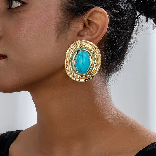 stud earrings for women Exaggerated large size Metal turquoise simple style ear accessories party OL fashion jewelry E520